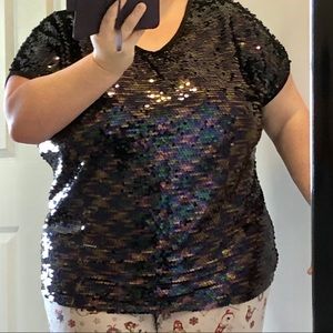 Stretchy sequined top with black back- comfy/cute!